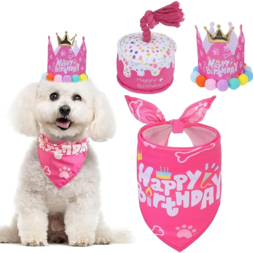 Dog Birthday Party Supplies Set with Girl Bandana Hat Squeaky Toy