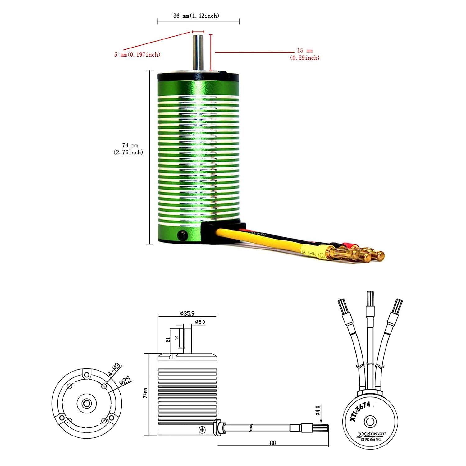 XTEAM 3674 1900KV Brushless Motor 2400W 78A 31V 4-Pole Design, Suitable for 1/8 1/10 1/12 RC Electric Racing Car, Buggy, RC Boat