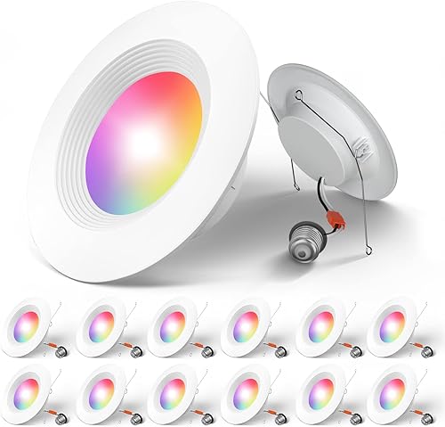 Amico Paquete de 12 luces LED empotrables inteligentes RGBCW que cambian de color con borde deflector, luz descendente de reajuste, 1050LM 12.5W