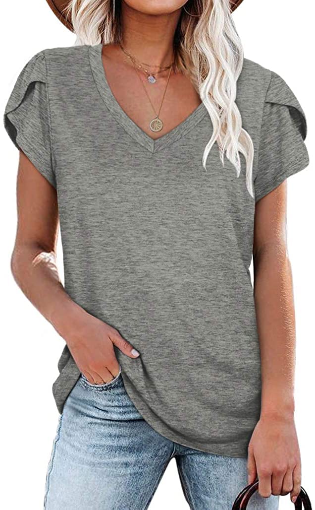 isermeo Womens Summer Tops Sexy V Neck Petal Sleeve Casual Solid Color Tee Tshirts S-XXL