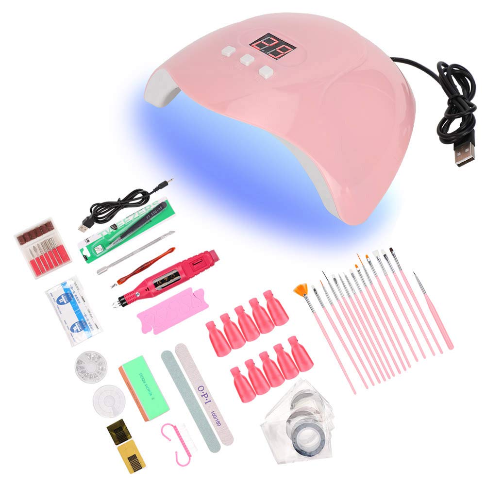 Kit De Uñas Arte Herramientas, Kit De Uñas para Manicura con Lámpara UV 54W Bloque De Pulido Uñas De Estrás Juego De Limas De Uñas Pinceles para Uñas