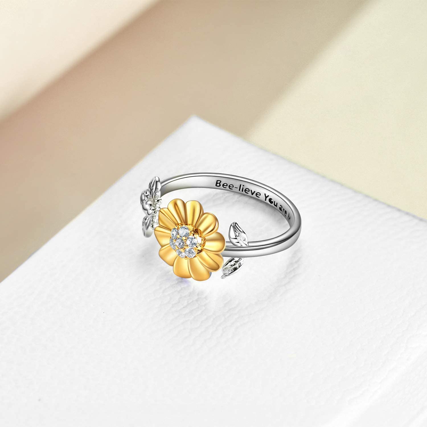YFN Anillo girasol plata esterlina abeja anillo regalo de joyería para mujeres niñas