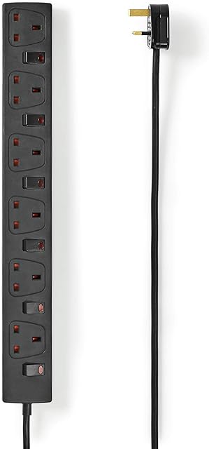 Invero® Premium 6 Way Gang 3M Individually On/Off Switched Power Mains Extension Lead Socket 3 Metre - Black