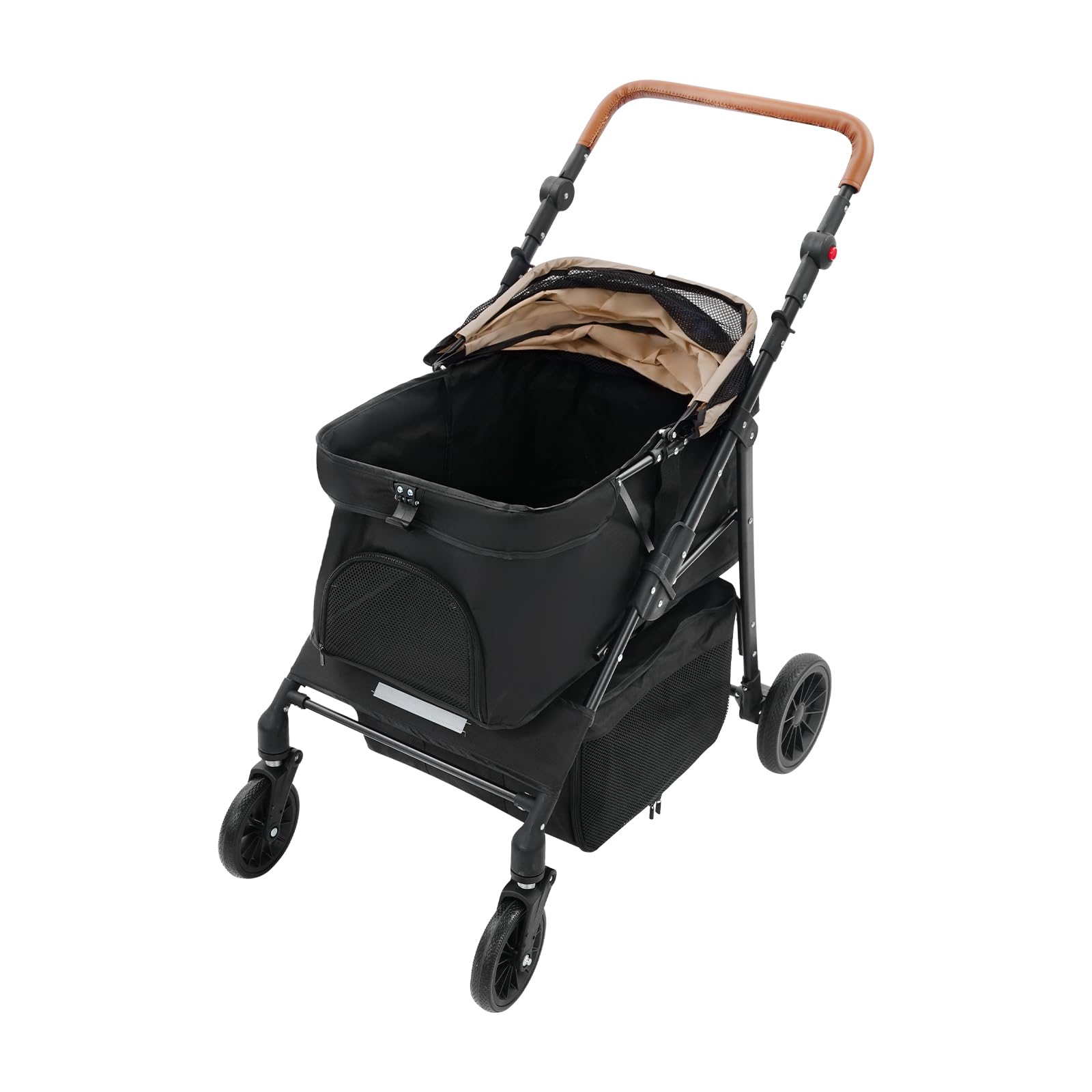 Carrello per cani 2 in 1, pieghevole con due scomparti separati, passeggino per animali domestici fino a 15 kg, con maniglia regolabile, per cani e gatti di piccola taglia (nero + cachi)