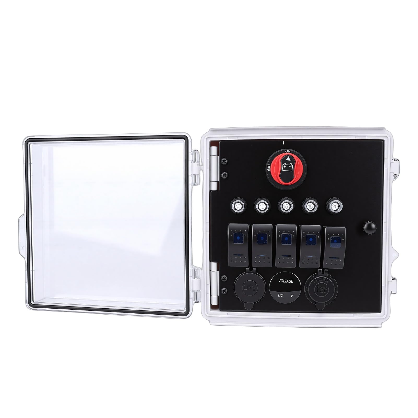 Przełącznik Kołyskowy, Wodoodporny Panel Przełączników 5-krotny, Panel Przełączników Morskich z Woltomierzem, ładowarką USB PD i Gniazdem Zapalniczki, do Samochodów Ciężarowych, łodzi i
