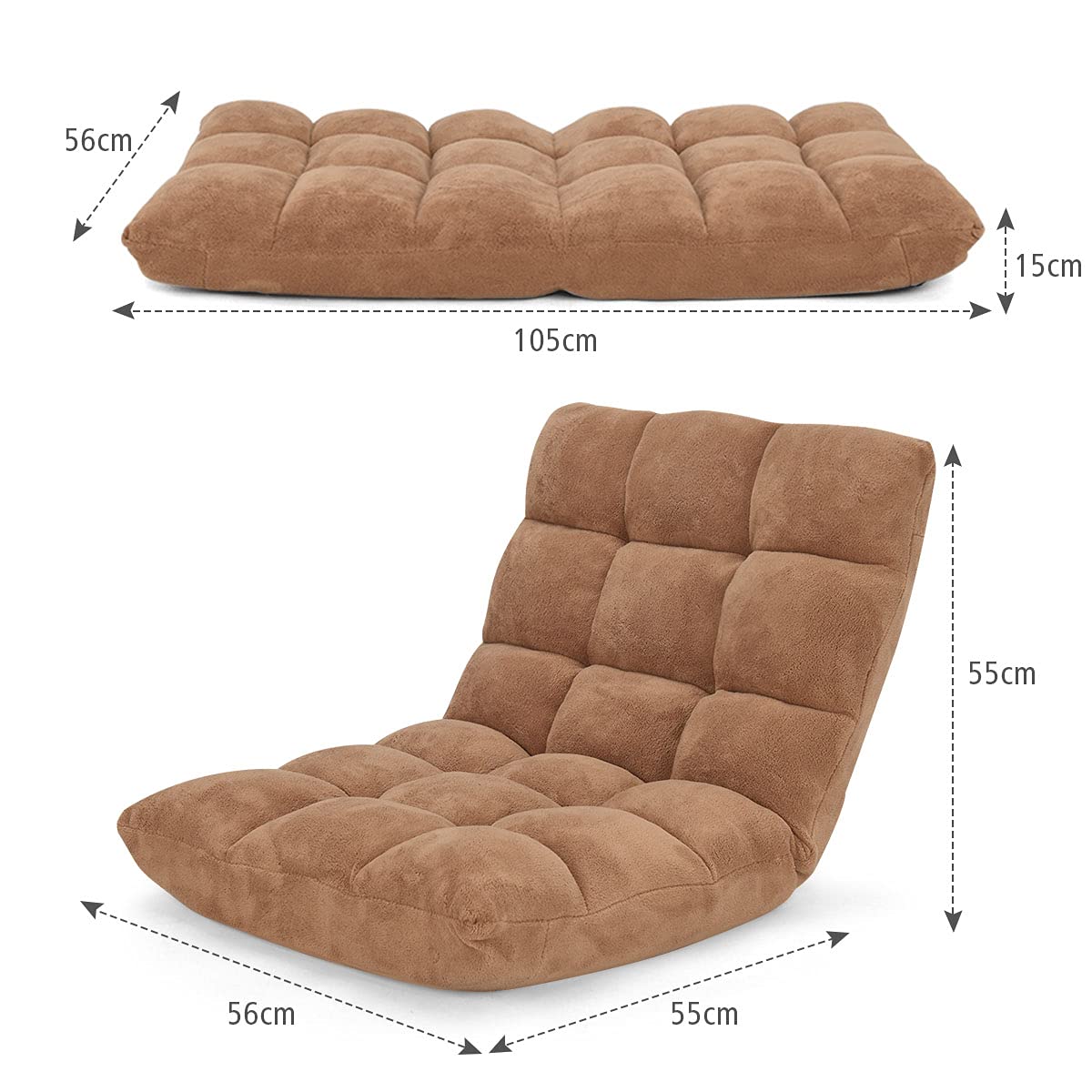 GOPLUS Silla de suelo plegable, sillón convertible ajustable de 14 niveles, sillón perezoso con terciopelo coral cómodo, silla de meditación acolchada, 105 x 56 x 15 cm (Beige)
