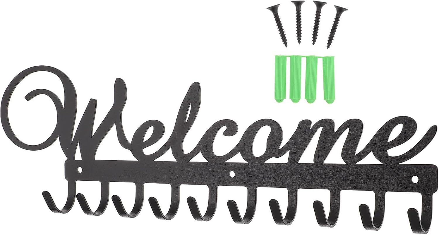 Wrought Iron Key and Coat Hooks Wall Mounted Heavy Duty Welcome Entryway Organizer Rack for Hats Towels and Clothes Storage