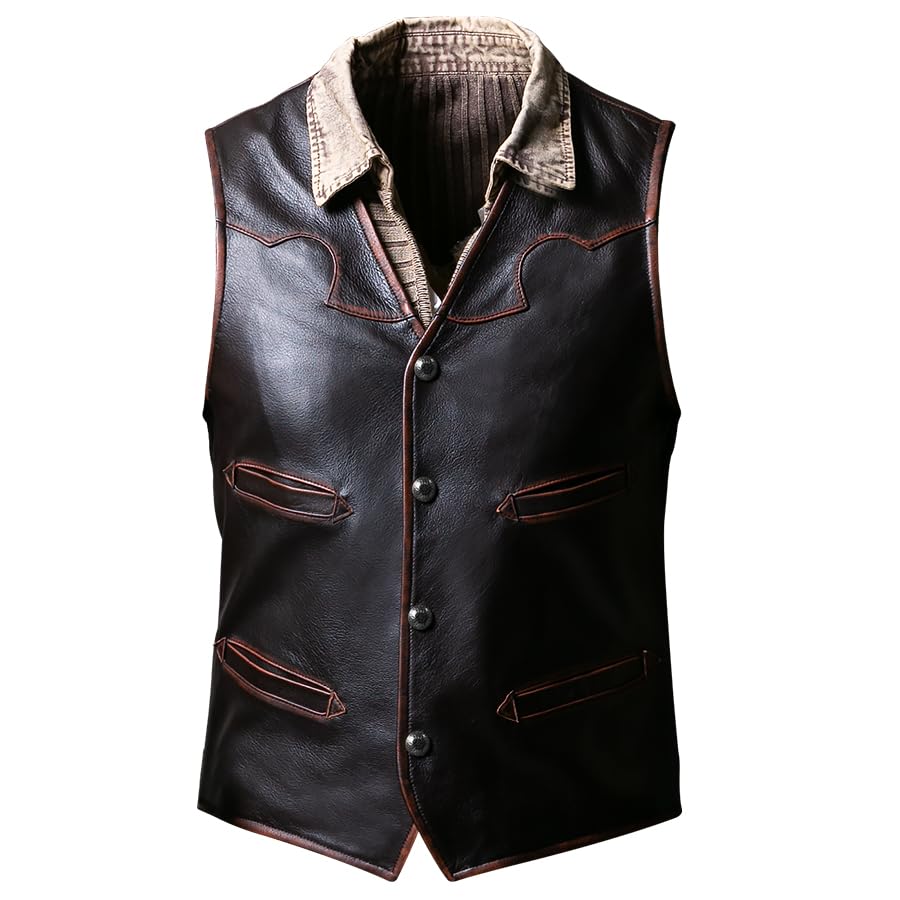 Mens Vintage Distressed Premium Cowhide Multi Pocket Leather Motorcycle Vest with Five Hidden Carry Pockets Durable2