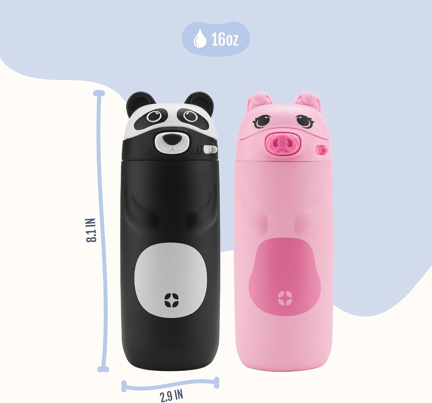  Ellies 12oz Stainless Steel Leakproof Kids Water Bottle, Pig | Insulated kids water bottle with straw, leakproof locking lid, carry handle, and stainless steel fun animal design for school thumbnail