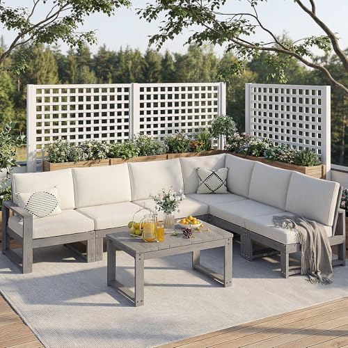 Polyhouz Patio Furniture Set, 7-Piece Outdoor Furniture with Cushions, L Shaped Outdoor Couch Sets 6 Seats, HDPE Patio Sectional Sofas for Porch, Backyard, Deck, Grey