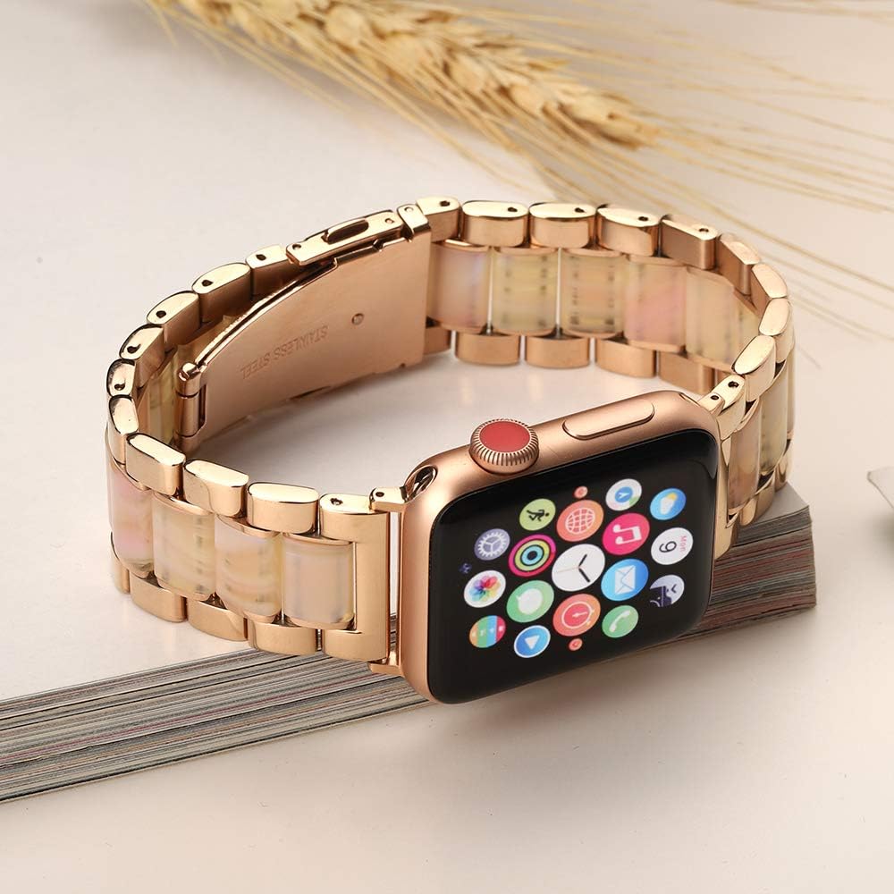 FIANO Compatible with iWatch Band 38mm 40mm for iWatch Series 5 4 3 2 1 Resin Stainless Steel Womens Men Replacement Wristband Bracelet (Shell, 42mm 44mm) Photo