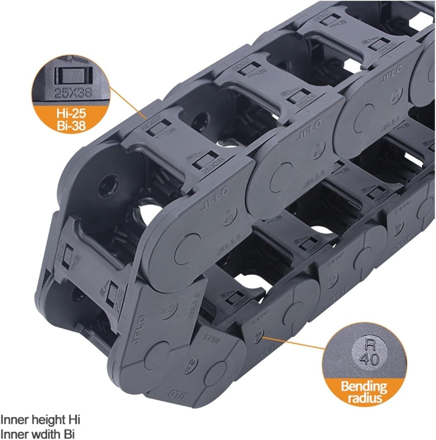 BIRAN 1-Meter Cable Drag Chain.Series of J25Q.2.S-Bridge Type Open of Both Side(150mm,25x25 mm-XJT)