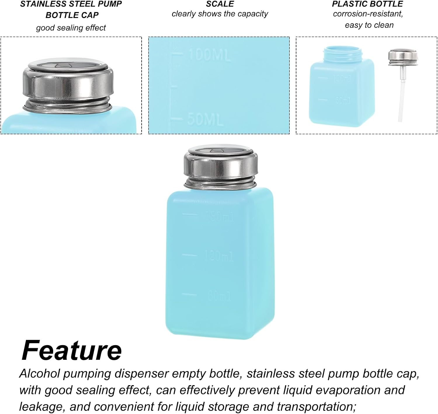 MECCANIXITY Solvent Alcohol Dispenser 180ml/6oz Blue Push Down Liquid Dispenser Pump for Acetone Cleanser Polish Remover Makeup 5Pcs