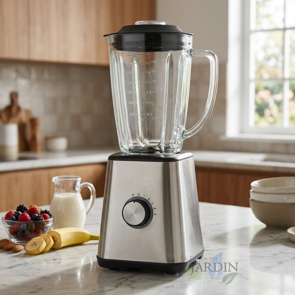 Suinga Frullatore a bicchiere in acciaio inox da 1,5 litri, 600 W e 2 velocità, dimensioni 17,8 x 17,8 x 40 cm