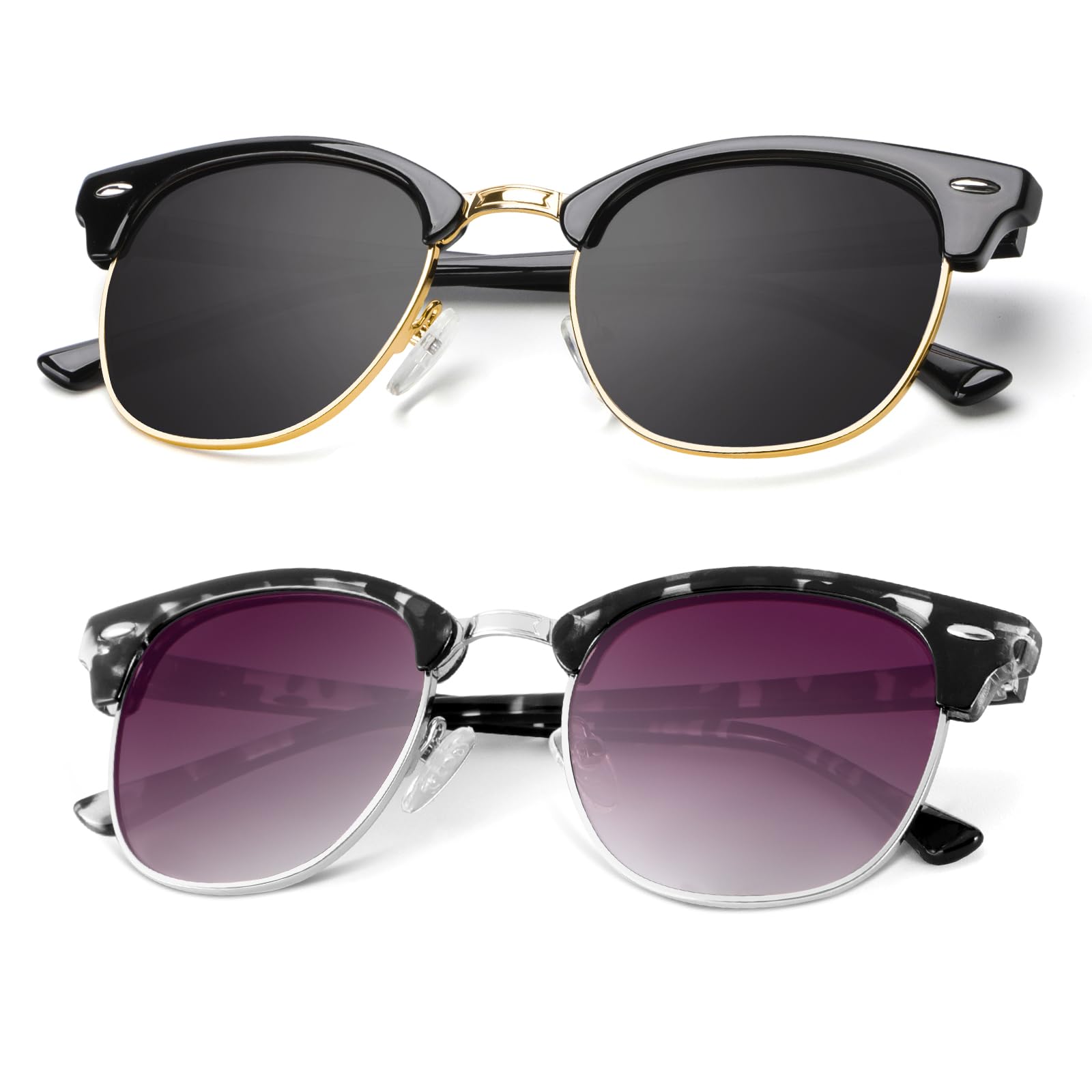KALIYADI Polarized Sunglasses for Men and Women Semi-Rimless Frame Driving Sun glasses UV Blocking A22-(2 Pack) Glossy Black | Black | Gold Rim / Glossy White Tortoise | Gradient Purple Grey | Silver Rim Multicoloured