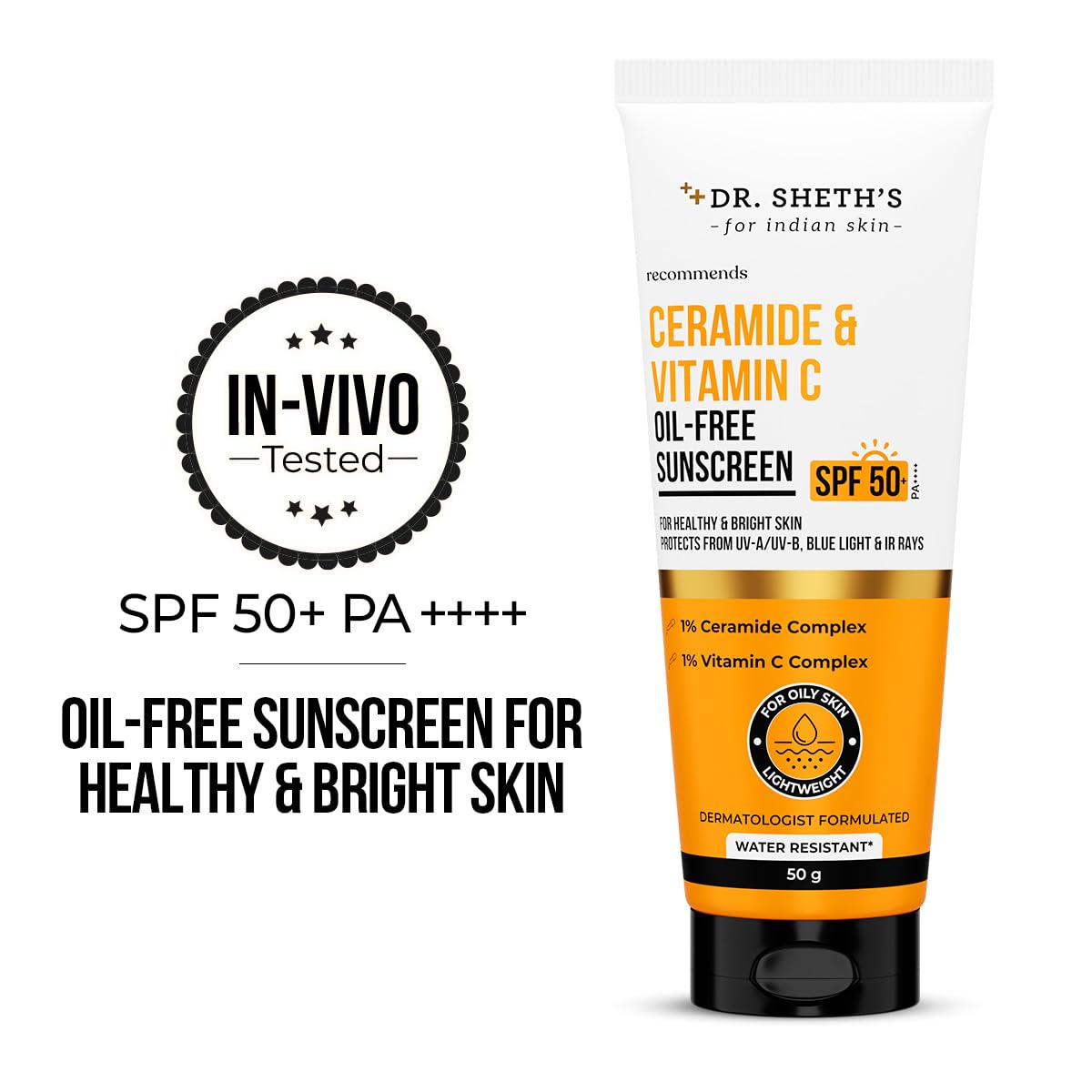 Dr. Sheth's Ceramide & Vitamin C Oil-Free Sunscreen SPF 50+ PA++++ | Non Greasy | For Oily Skin | For Men & Women | 50 g - Image 2