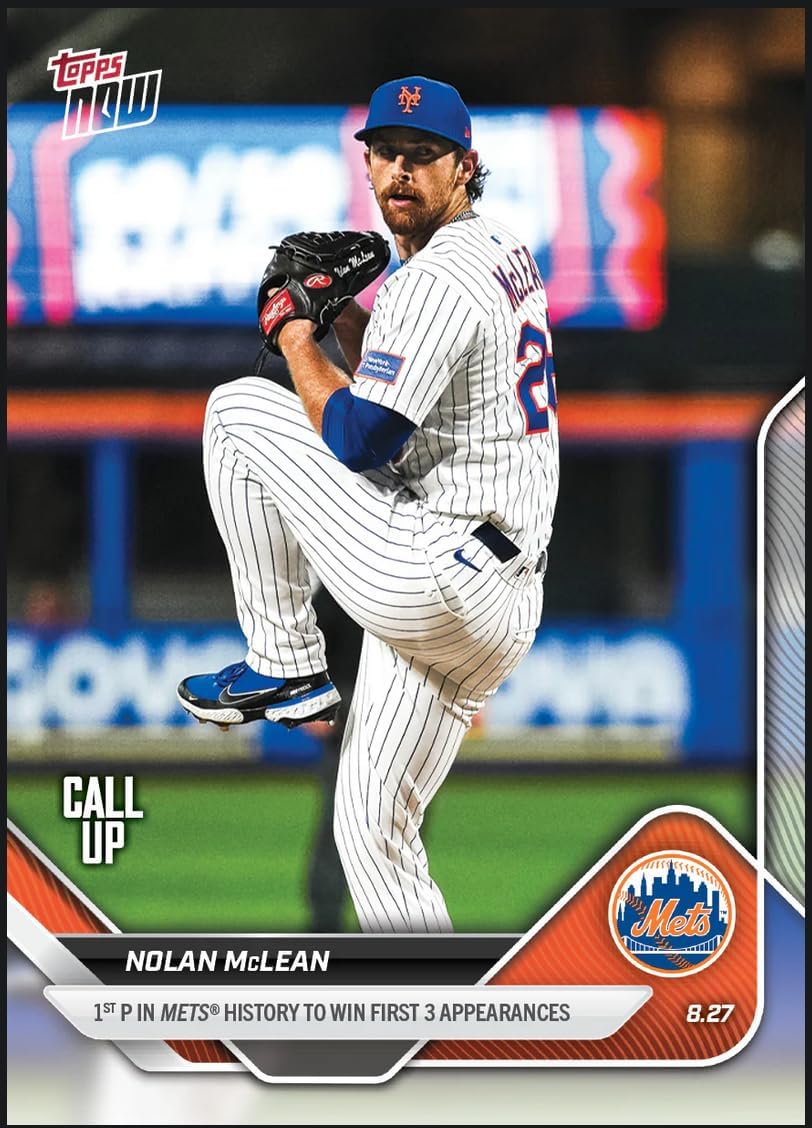 2025 Topps Now Nolan McLean #616 1st Pitcher in Mets History to Win 1st Three Starts New York Mets Rookie RC Baseball Card