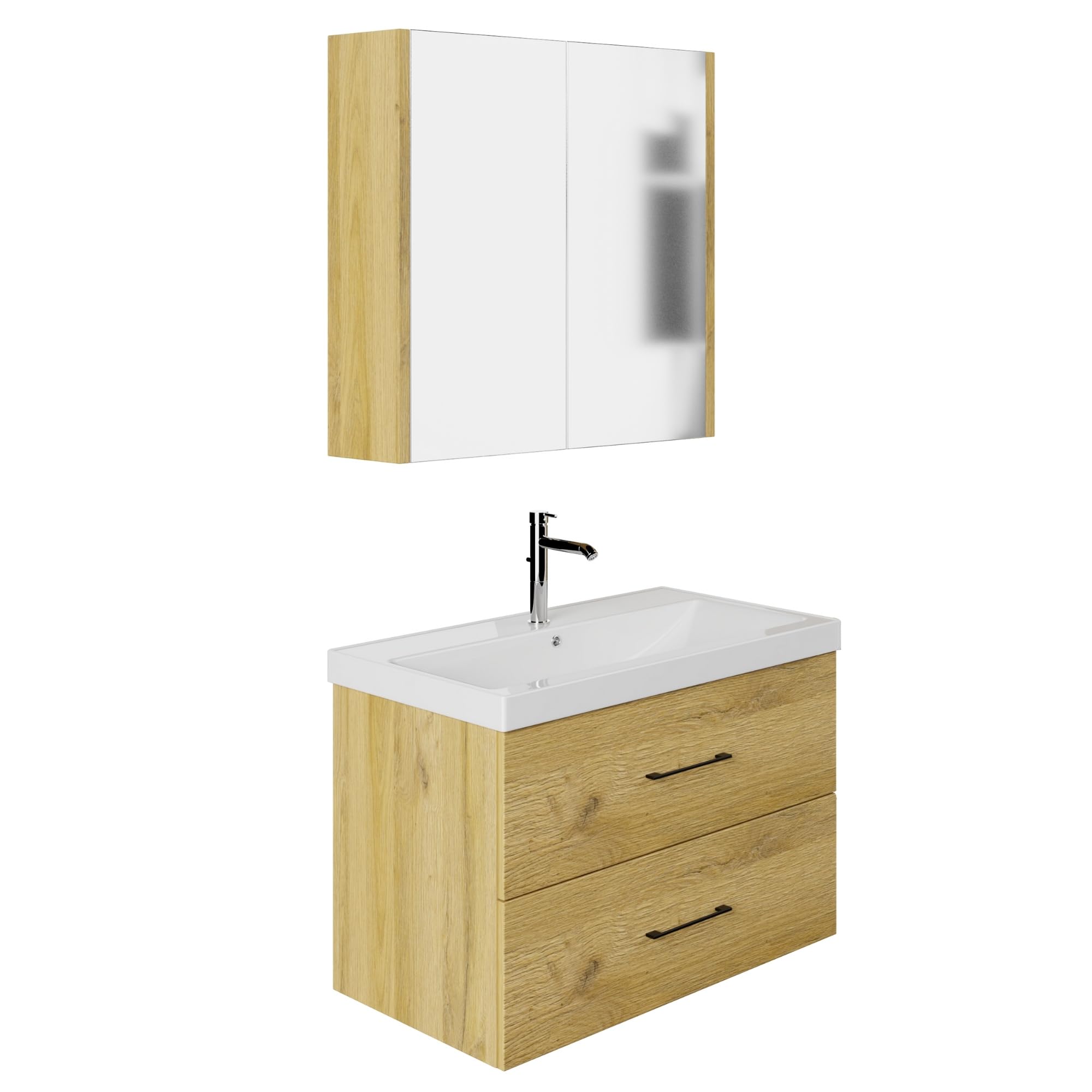 Badmöbel Set Verona 80 | Keramikwaschbecken | Unterschrank | Spiegelschrank | Softclose Schubladen | Holzfurnier & Bügelgriffe | Natürlicher Stil | Badmöbel | Waschtisch mit Unterschrank 80 cm