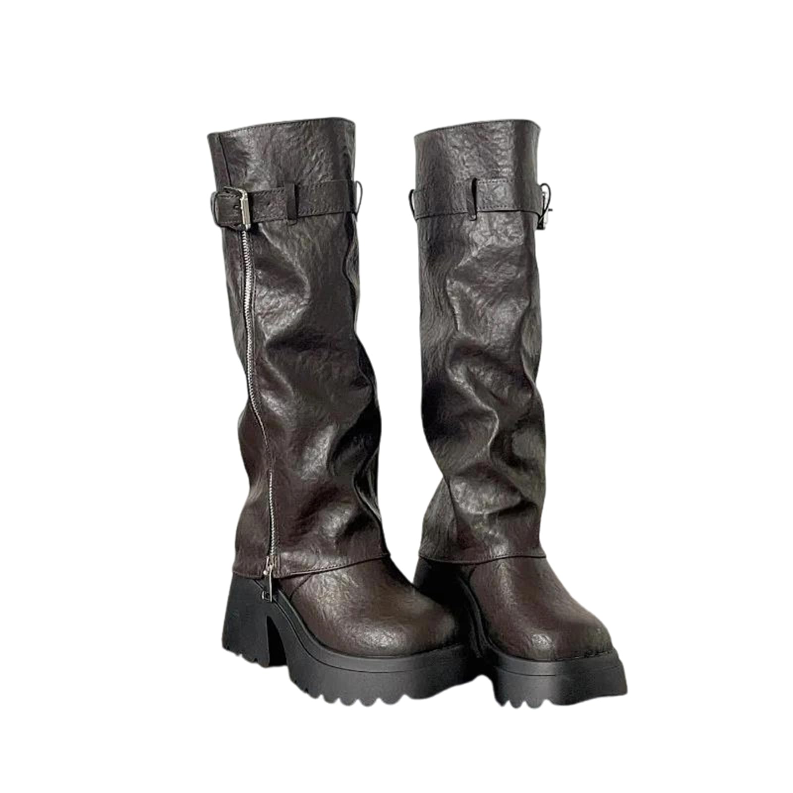 Alloaone Womens Vintage Punk Knight Boots Knee High Round Toe High Square Heel With Platform Thick Sole