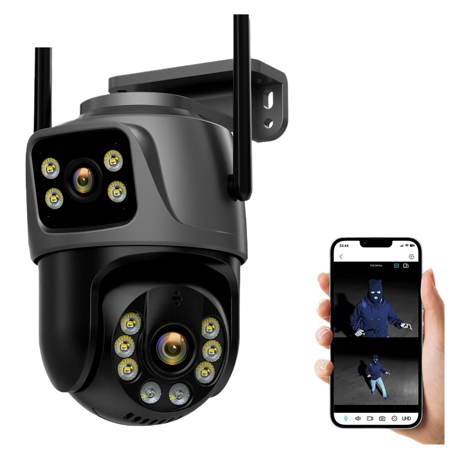 Telecamera Wifi Esterno, Telecamera Wi-Fi a 360° con doppio obiettivo IP66 Protezione di sicurezza 8MP 4K Wireless Outdoor Rilevamento umano Videosorveglianza PTZ ,Sicurezza, Antifurto(4K 8MP NO Card)