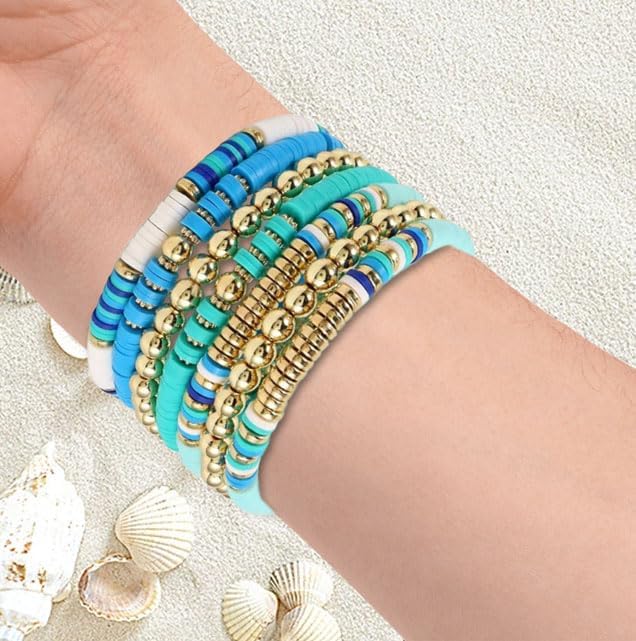 Surfer Heishi Clay Bead Bracelets Set for Women, Boho Stackable Gold Beaded Stretch Bracelets, Elastic Layering Friendship Jewelry - Image 4