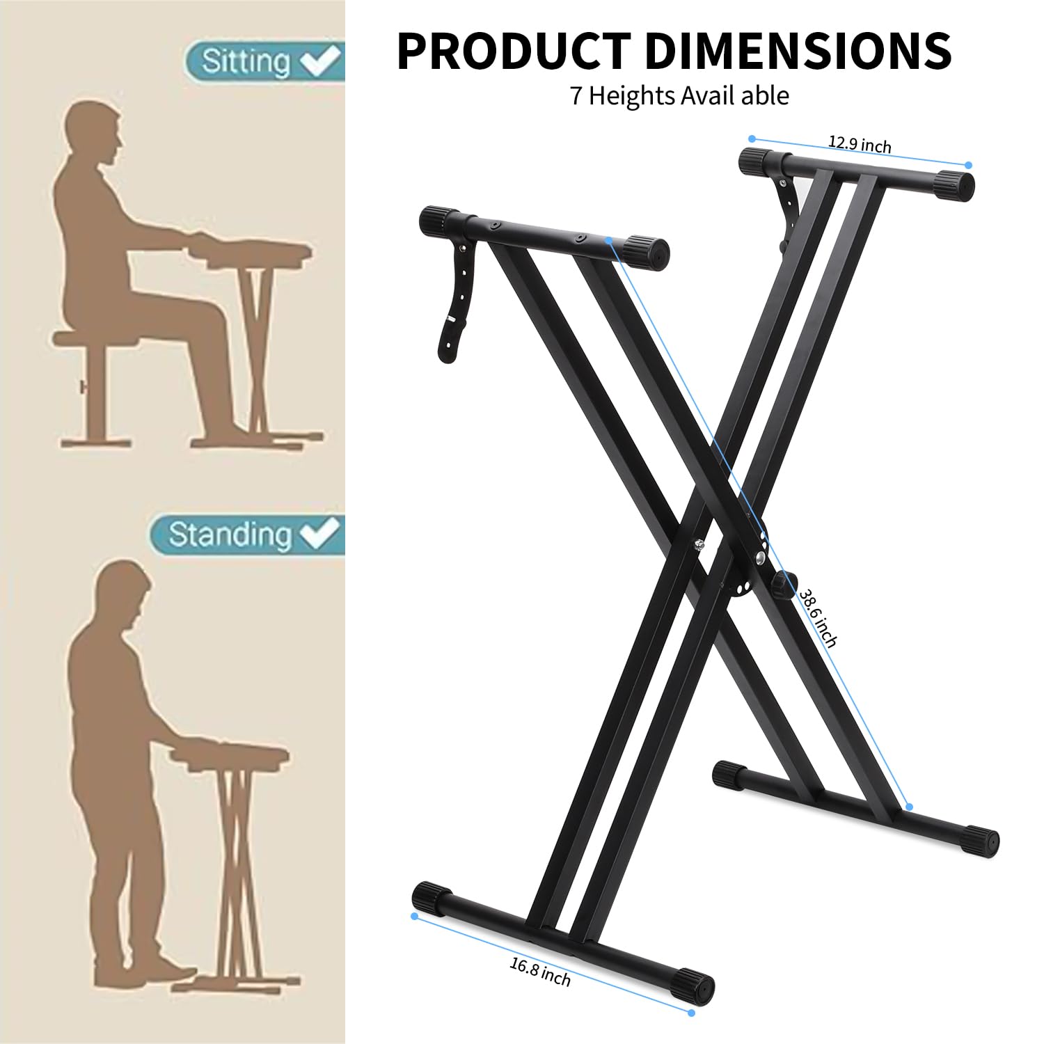Keyboardständer für E-Pianos,X-förmig Doppelstrebiger E-Piano Ständer mit Verriegelungsriemen und Schnellspannmechanismus,Keyboard Ständer verstellbar 32 cm bis 97 cm für 54 61 76 88 Tasten (Schwarz)