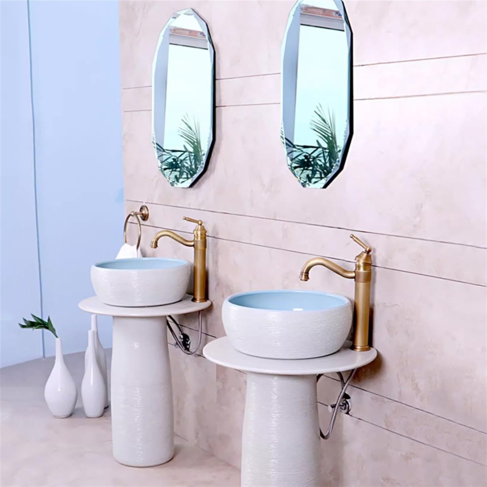 Lavabo su Colonna da Bagno in Ceramica con Rubinetto, Set di Scarico e Specchio - Piedistallo per Interni ed Esterni