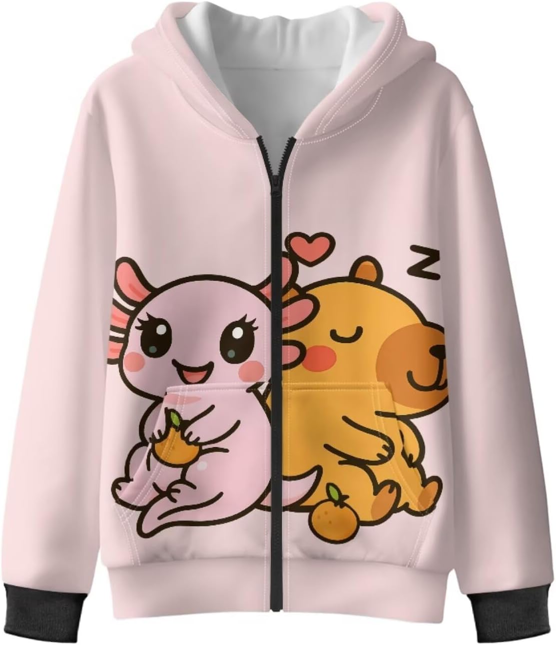 Cartoon Axolotl Girls Hooded Sweatshirt Casual Full Zip Hoodies Soft Plush Athletic Jacket Sportswear
