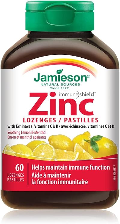 Jamieson Zinc Lozenges Soothing Lemon and Menthol Flavour, with Echinacea, Vitamin C and Vitamin D3, Soothes Sore Throat, and Provides Cold and Flu Symptom Relief. Gluten-Free, No Artificial Colours, Flavours or Preservatives, 60 Count, Proudly Canadian