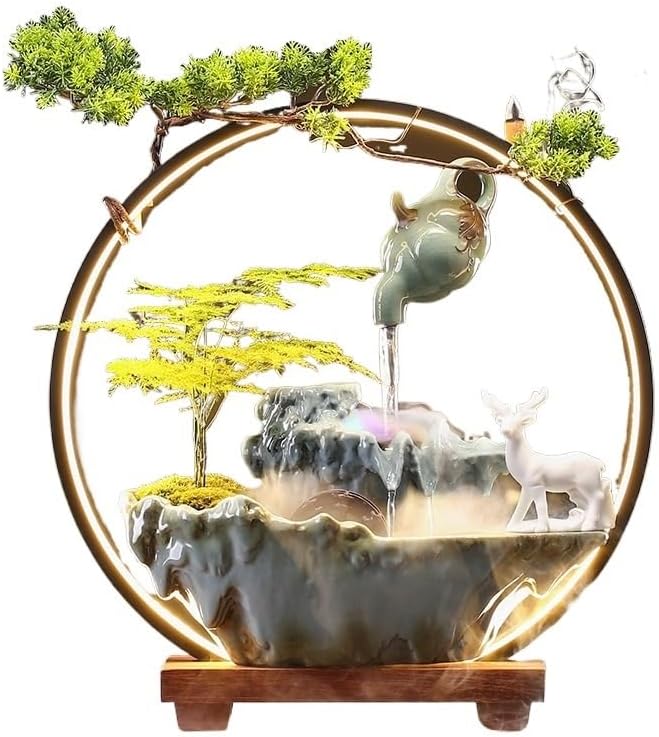 Tabletop Fountain with LED Light, Ceramic Deer, Backflow Incense, Water Wheel, Mist Maker, Wooden Base – Home Zen Decor(B)