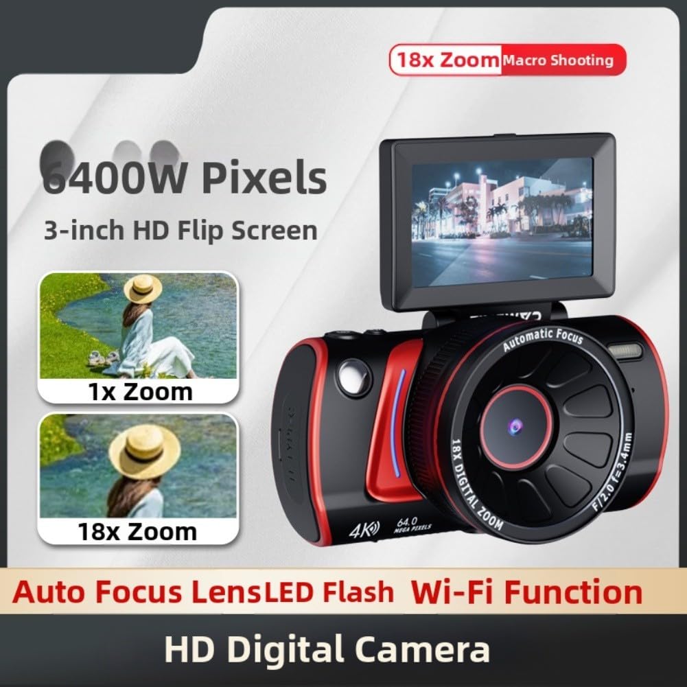 Fotocamera digitale 4K con schermo flip a 180° e WiFi, foto da 64 MP, zoom 18x, HD compatta per videocamera per vlogging e viaggi (bianco)