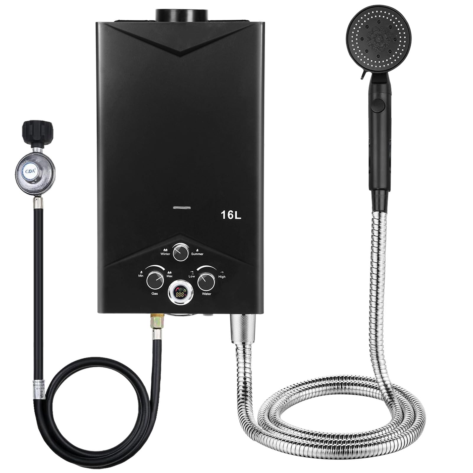 Chauffe-Eau à Gaz 16L Portable avec Affichage Numérique | Chauffe-Eau Instantané au Gaz Propane pour Camping, Douche Extérieure, Caravane et Intérieur | Chauffage d’Eau Sans Électricité