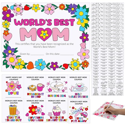 Dunzoom 24 Sets Color Your Own World's Best Mom Certificate Award and Mothers Day Coupon Cards, Kids...