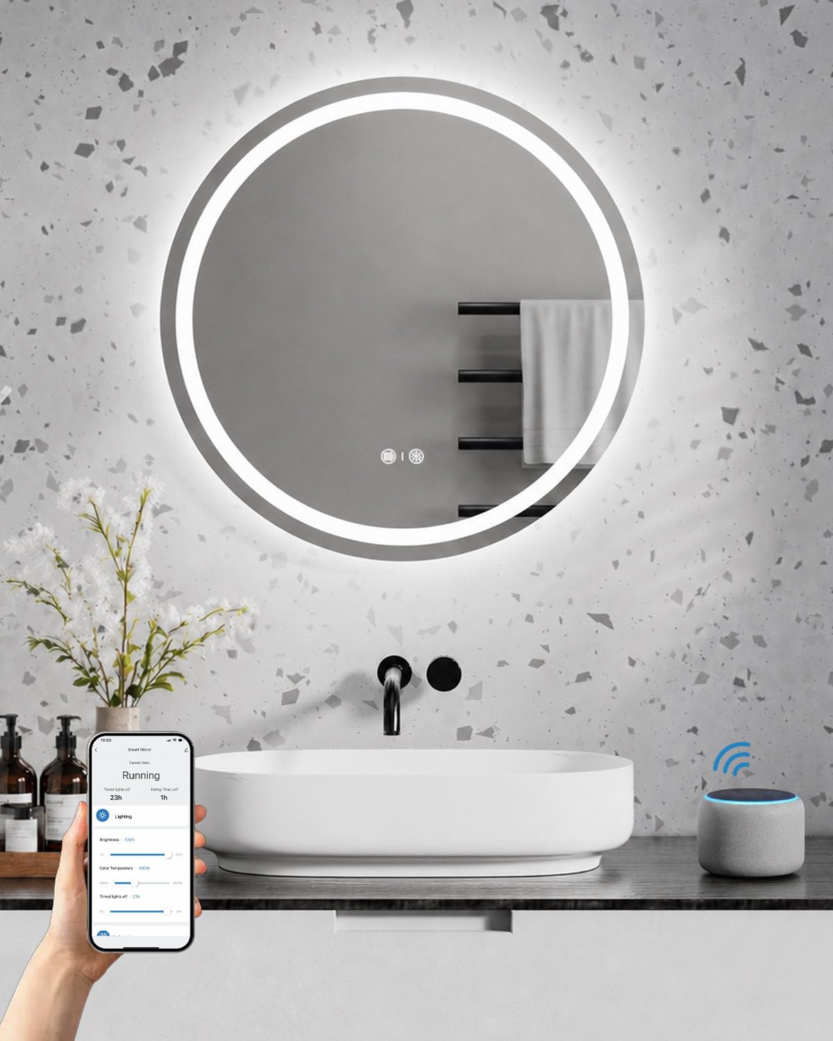 Badspiegel mit Beleuchtung, Smart LED Badezimmerspiegel Rund 60cm mit Sprachsteuerung Alexa, App, Touch Schalter, Speicherfunktion, Dimmbar, 3 Lichtfarben, Timing, Beschlagfrei Wandspiegel Badezimmer