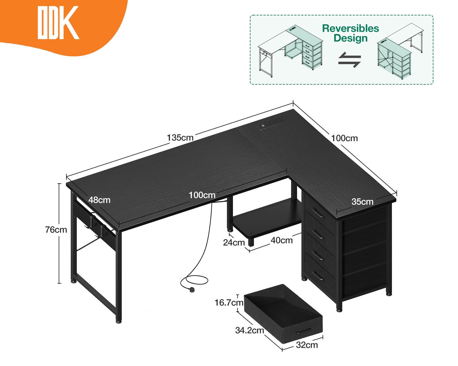 ODK Scrivania angolare con cassetti, scrivania reversibile a forma di L con presa di corrente, scrivanie da ufficio con porta di ricarica USB e supporto per host per casa e ufficio, nero, 135 x 100 cm