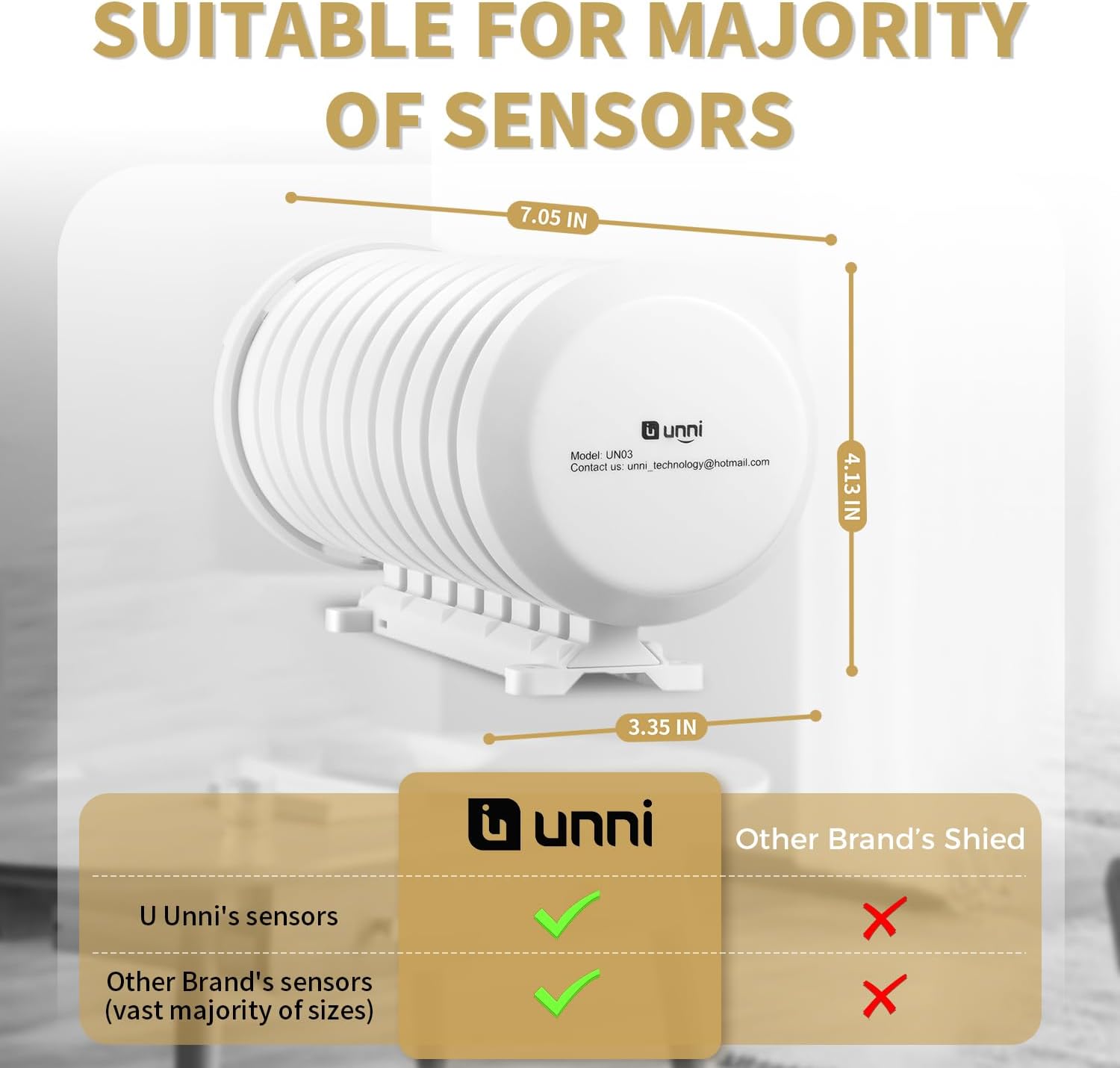 Diagram showing dimensions and sensor compatibility of the UN03 shield
