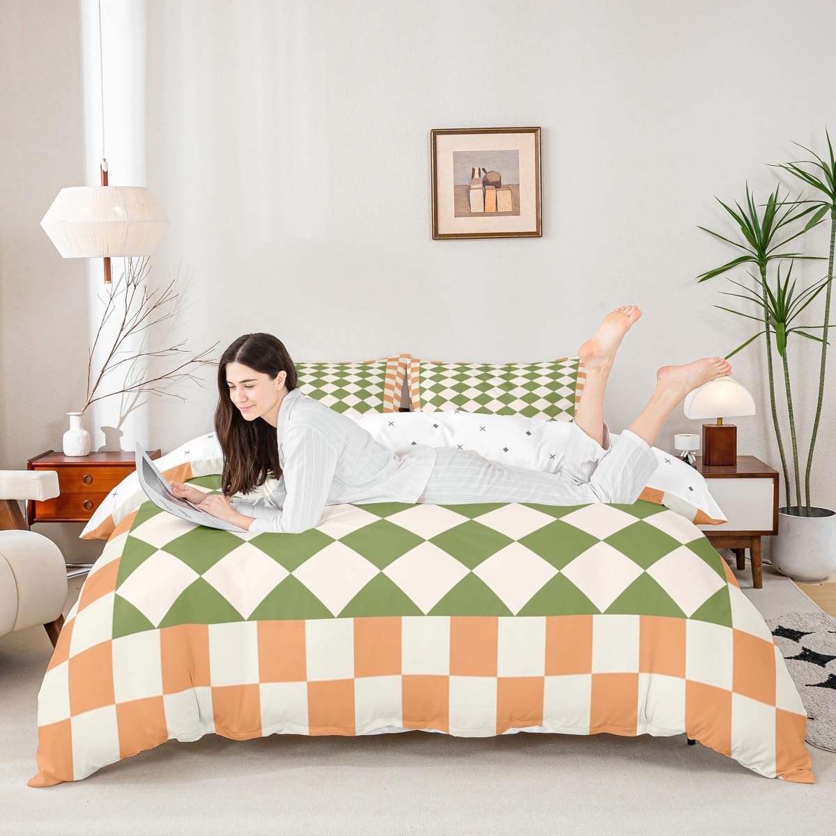 Erosebridal Green Orange Comforter Cover Queen Geometric Checkered Bedding Set Aesthetic Diamond Duvet Cover for Kids Boys Girls,Modern Fashion Bed Set