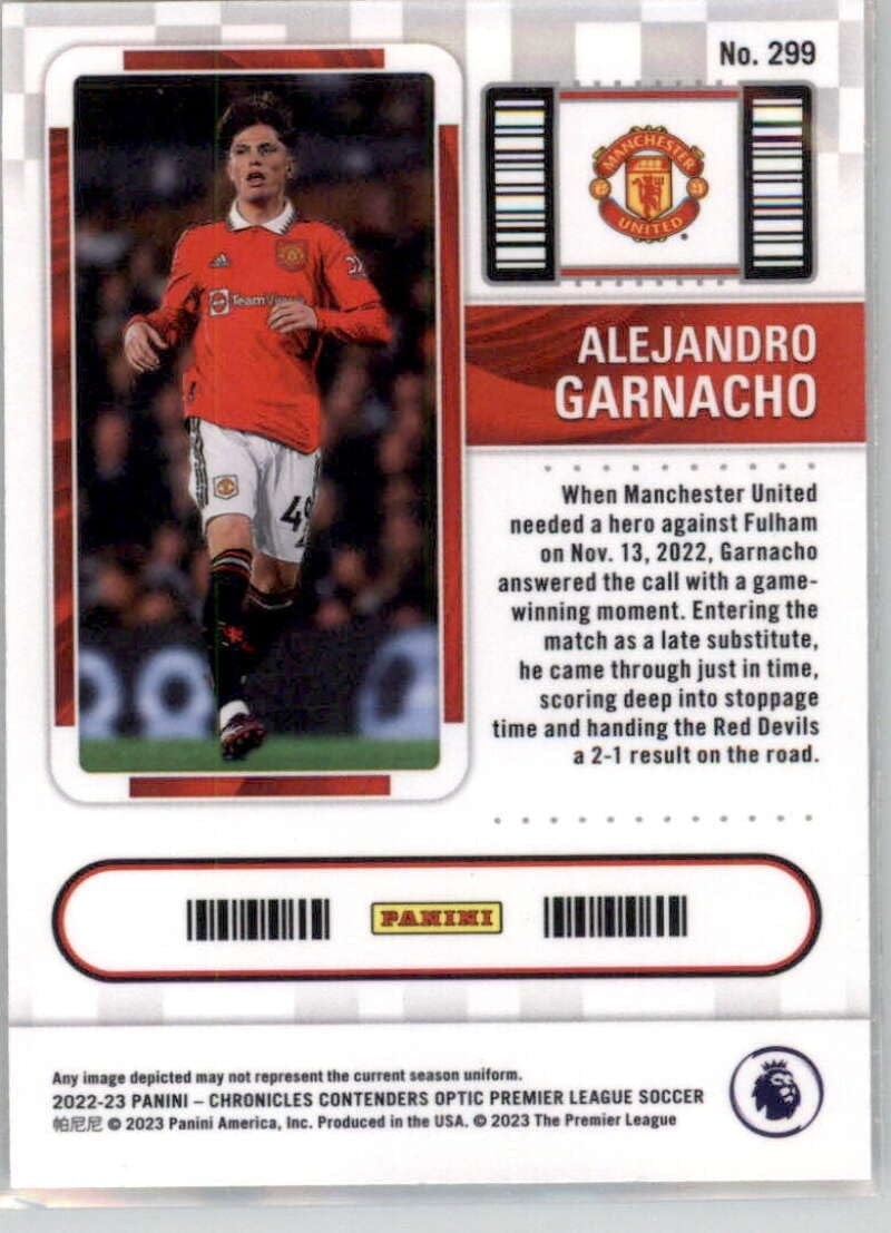2022-23 Panini Chronicles Contenders Optic Rookie Ticket Premier League #299 Alejandro Garnacho Manchester United RC Rookie Card Official Soccer Trading Card in Raw (NM or Better) Condition