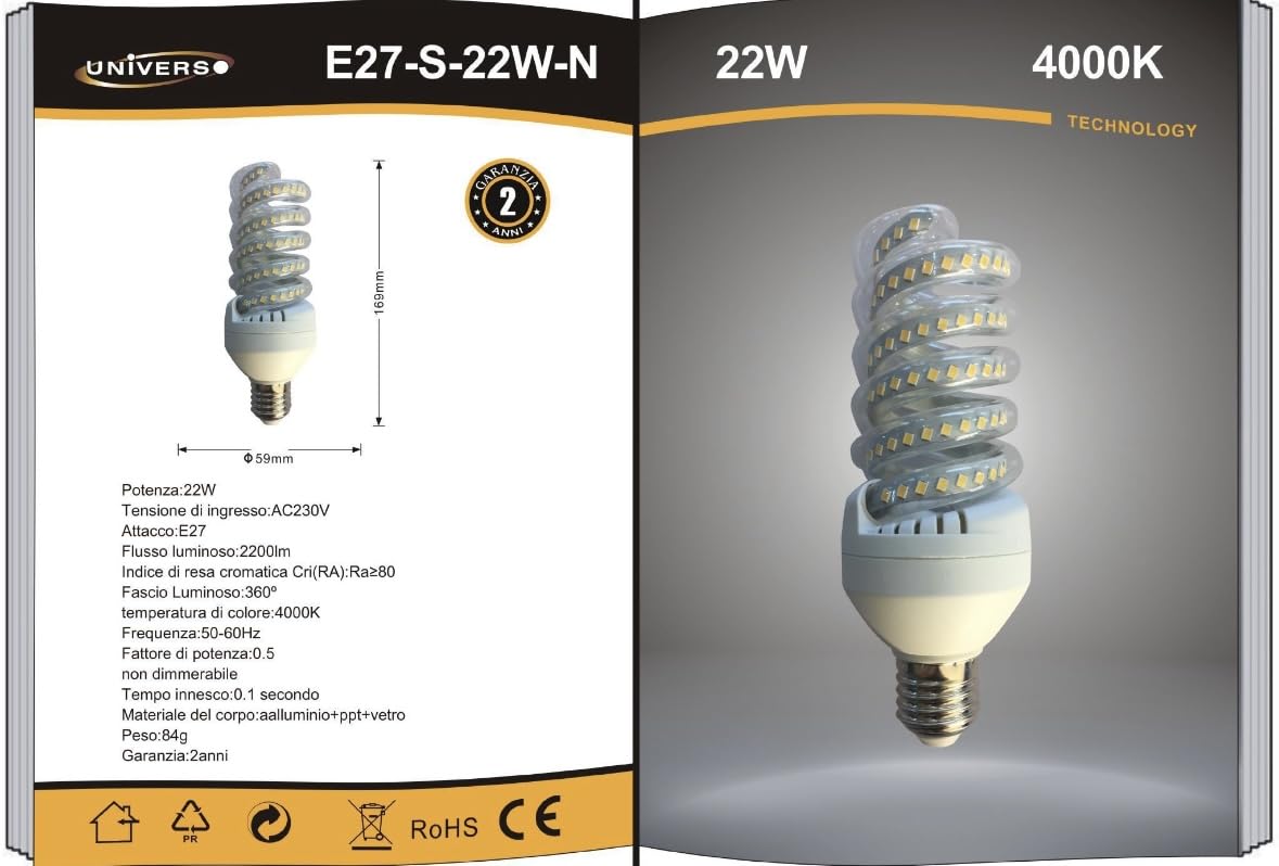 Lampadine LED E27 22W, Confezione da 10 Pezzi, 2200LM, 3000K/4000K/6500K, Luce Calda, Naturale e Fredda, Lampadina LED a Spirale, CRI>80, Illuminazione 360°, Risparmio Energetico, E27-S-22W-N