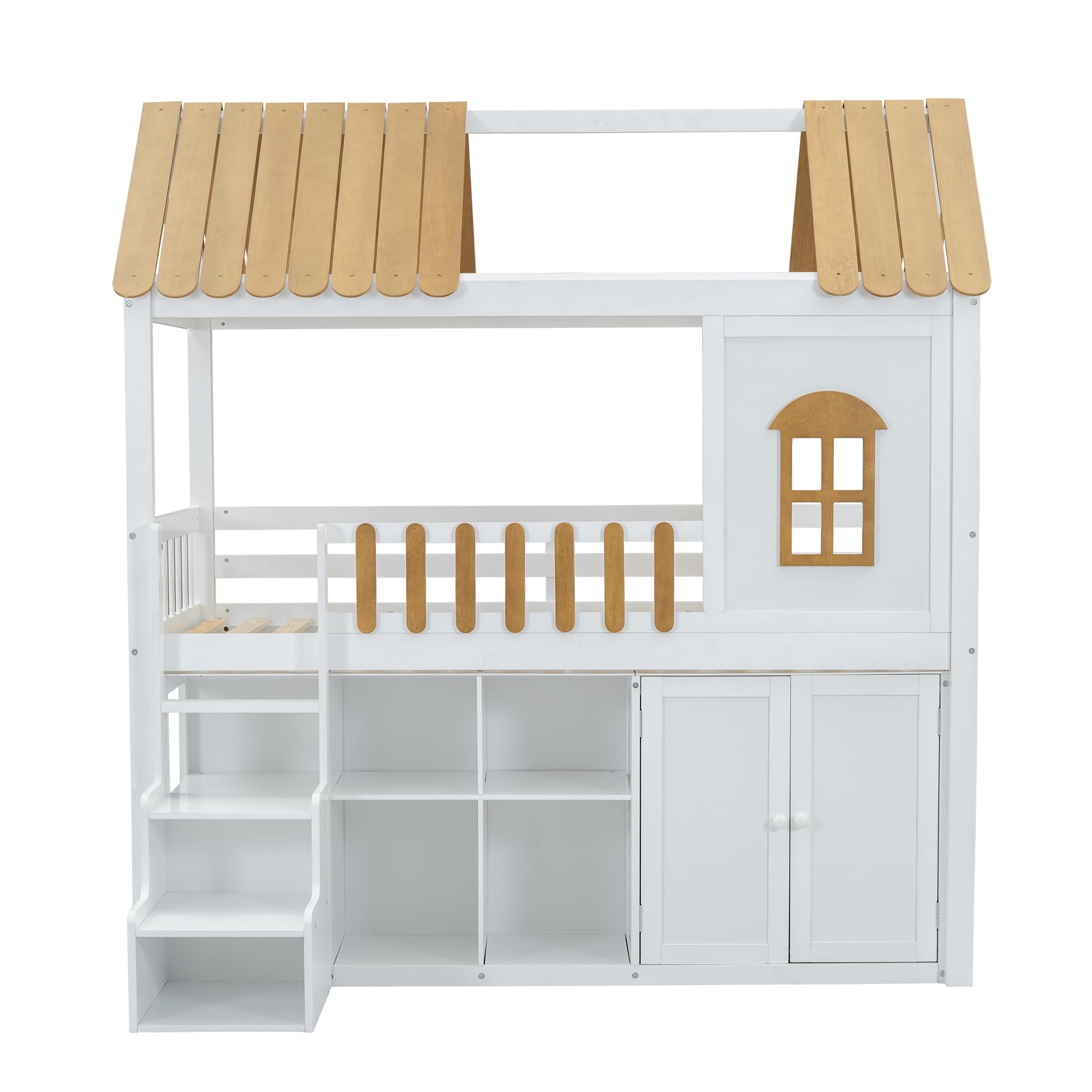 Cama alta de 90 x 200 cm, cuna con armario, cama de madera con ventana y zapatero, cama para niños y adolescentes (sin colchón) blanco+pino natural
