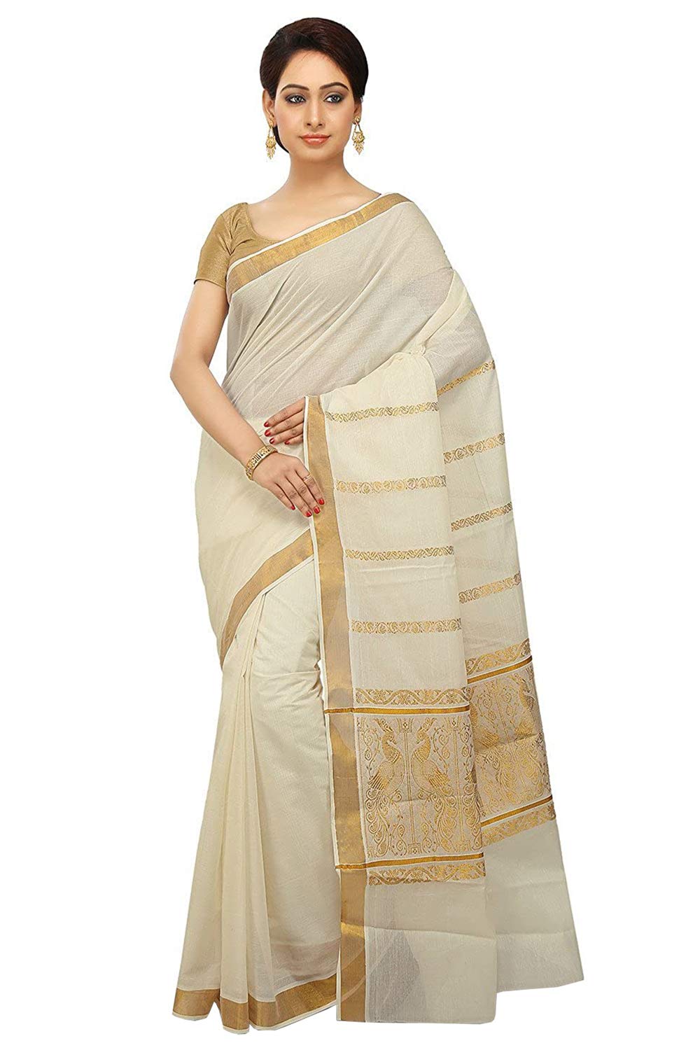Rsv fabrics Women Kerala Kasavu Cotton Sarees, Beige