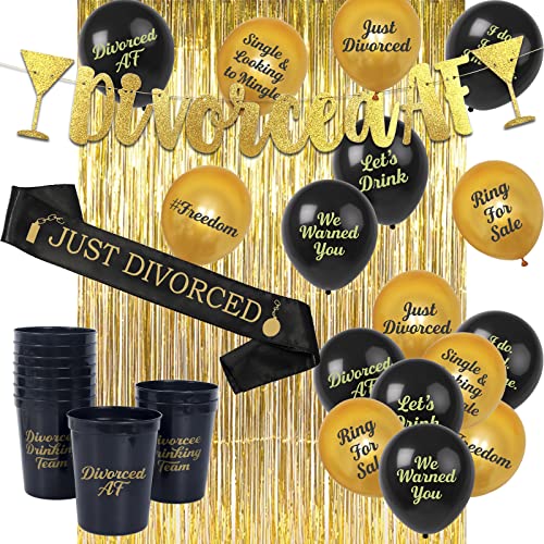 Divorce Party Decorations - 30 Piece Kit Includes: Gold Divorced AF Banner 16 Funny Divorcee Balloons 10 Hilarious Cups Just Divorced Sash 2 Gold Foil Curtains | Women Men Decor Supplies Gifts
