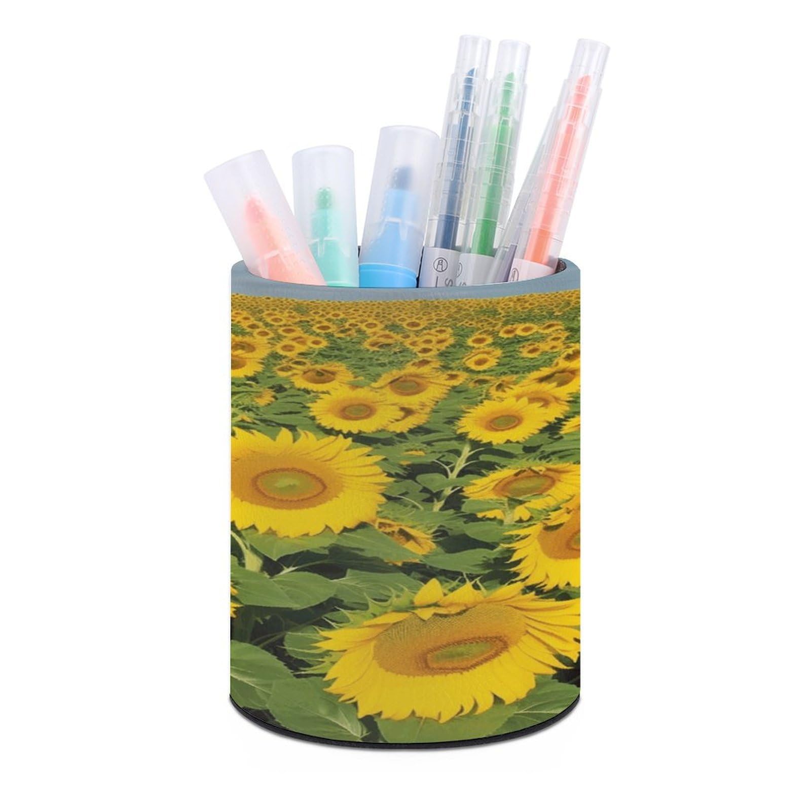 FekiLoot PU Leather Round Pen Holder Many Beautiful Sunflowers Pencil Holder Desk Organizer Pen Organizer Pen Cup Pencil Cup Caddy Desktop Stationery Organizers for Office Home Supplies