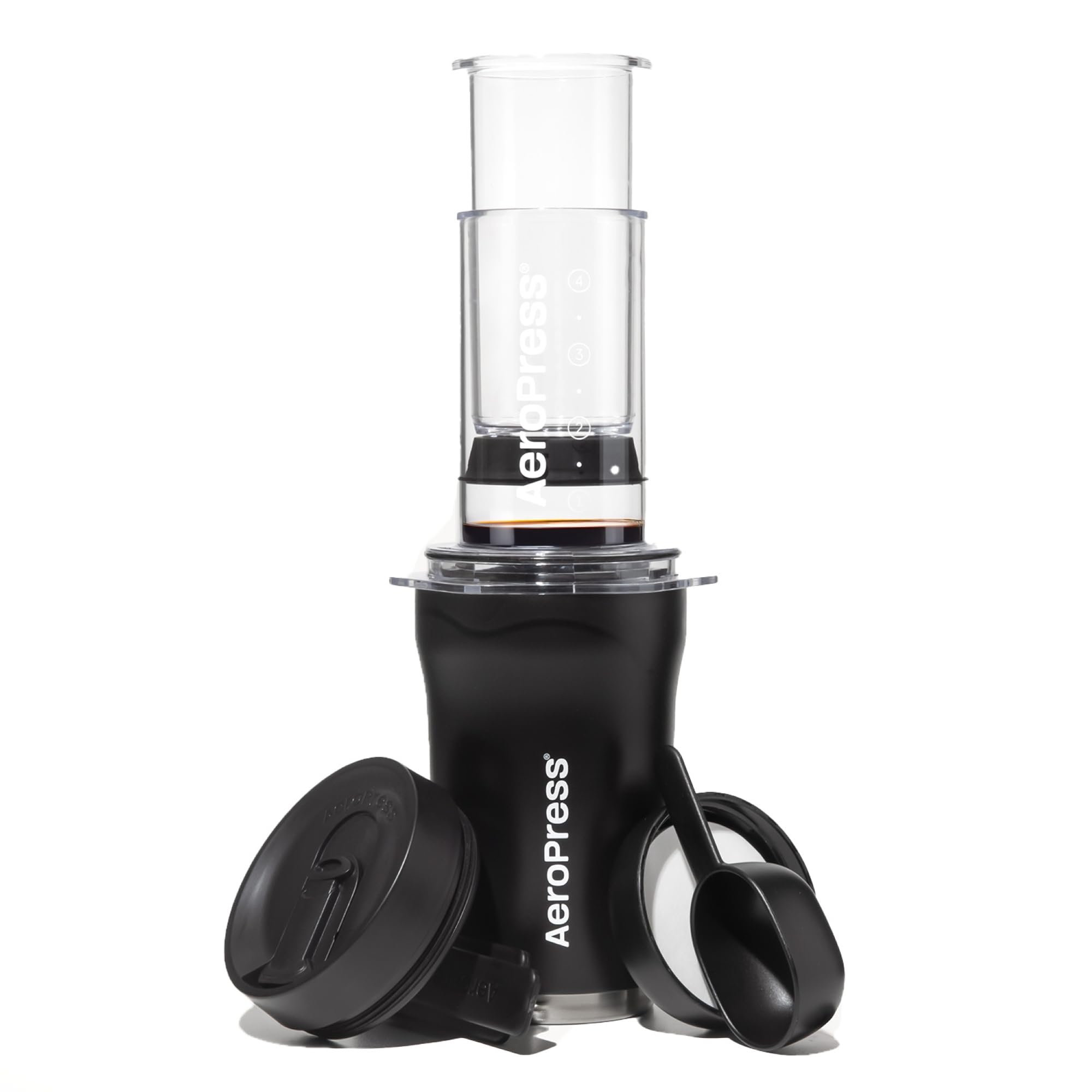 AeroPressGo Plus, Small Portable Coffee Maker for Travel & Camping - 3 In 1 Brew Method Combines French Press, Pourover, Espresso, Full Bodied Coffee without Bitterness, Coffee Press Kit - Black