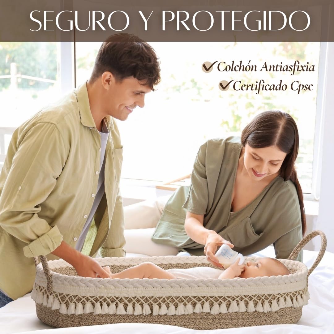 SEBRAM Cesta Cambiador Bebé + Colchón cambiador Impermeable limpieza rápida suave y acolchado - Cambiador de pañales Portátil y Plegable con Bolsa de Viaje | Diseño Elegante Boho (Beige)