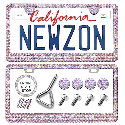 Newzon AB Rhinestone License Plate Frame for Women, 2 Pack Sparkly Luxury Colorful Glass Diamond Car Tag Frame with Diamond Cap Screw Set Glitter AB License Plate Frame Iridescent Bling for Women Gift