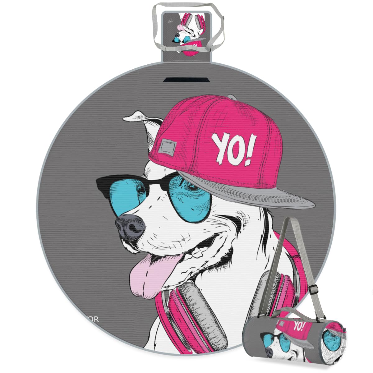 Shimoshe Hat Glasses Headset Dog Picnic Outdoor Blanket Foldable Waterproof Sandproof Beach Blanket Portable Water-Resistant Round Picnic Mat for Travel Camping Park Lawn
