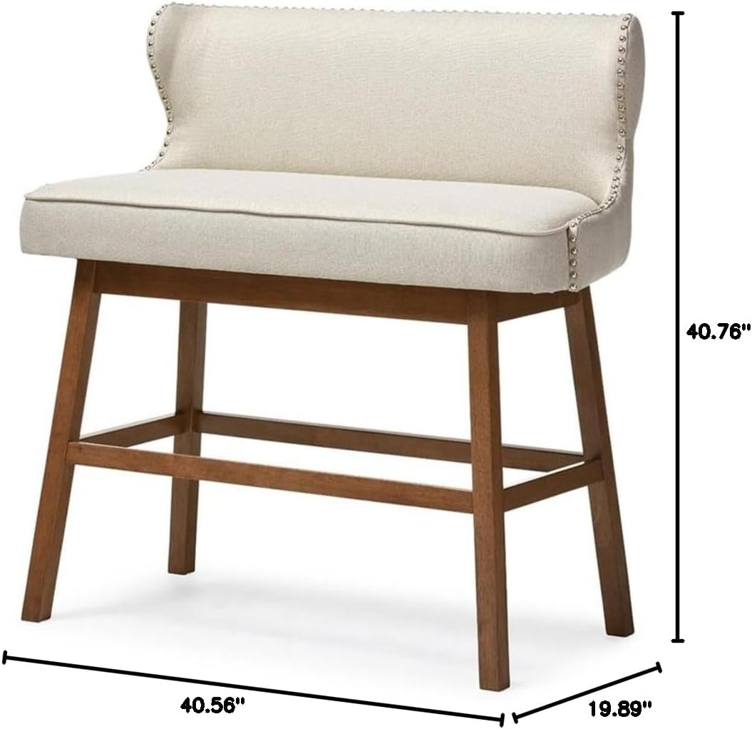 BOWERY HILL Upholstered Bar Bench, Beige Polyester Fabric and Dark Walnut Finish, Solid Rubberwood Construction, Button Tufted Backrest, Nailhead Trim, Dining or Bar Seating, Fits Two Adults