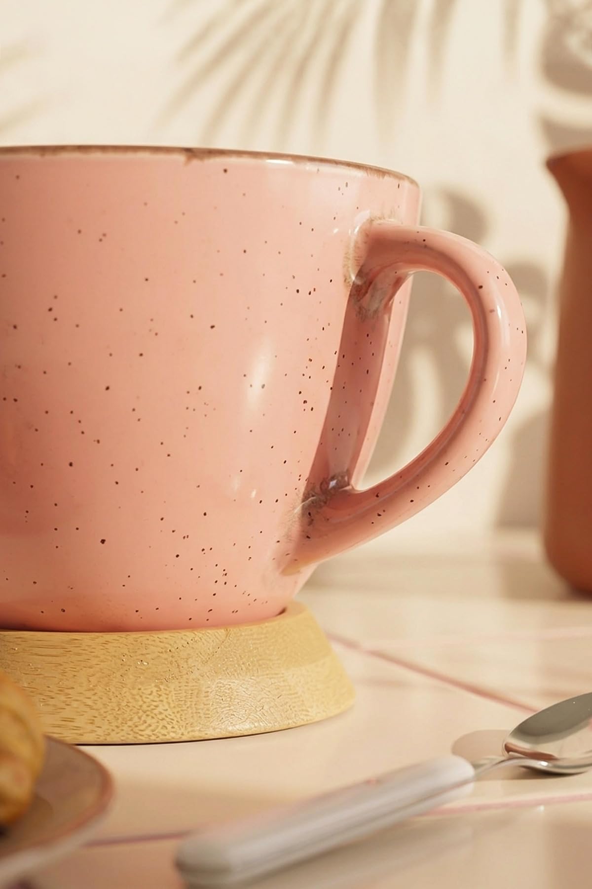 Tazza in porcellana con fondo in bambù, 300 ml, tazza da caffè con manico, tazza da tè per caffè, latte e tisane, ciotola da dessert, 11 cm, design screziato