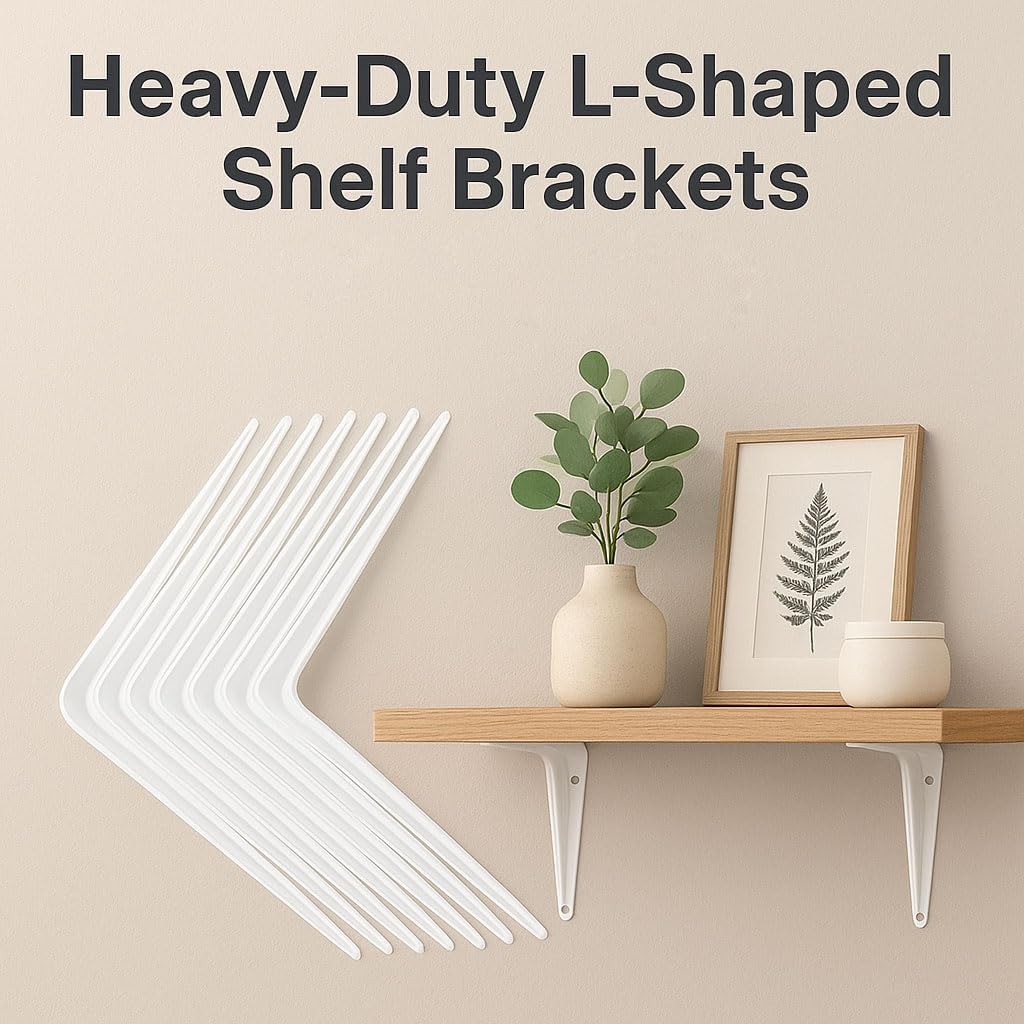 Shelf Brackets White 8 x 10 inch Pack of 10 Wall L-Bracket Supports for Hanging DIY Shelves Metal Steel Heavy Duty Strength 52lbs